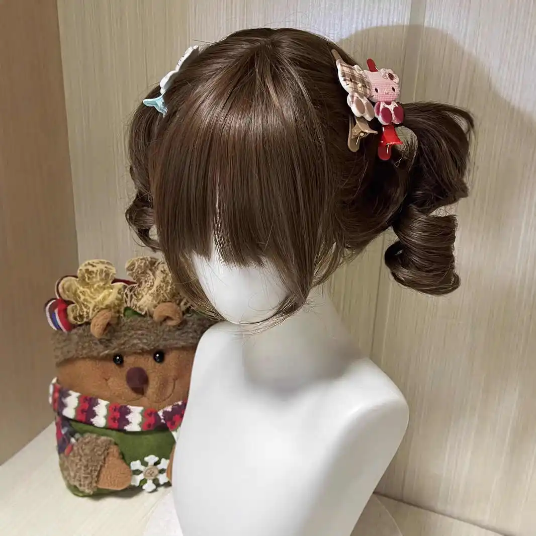 FORLISEE شعر مستعار اصطناعي أنثى قصيرة مجعد لوليتا يوميا فتاة حلوة لطيف مزدوج ذيل حصان الروماني الضفيرة تشكيل الوجه JK غطاء الرأس الكامل #4