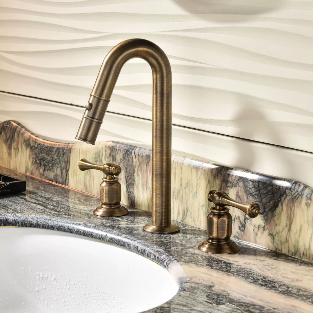 Antique Bronze Brass Basin Faucet with Shower Head Bathroom Faucet Sink Tap Widespread Pull Out Water Faucet Brass Sink Mixer