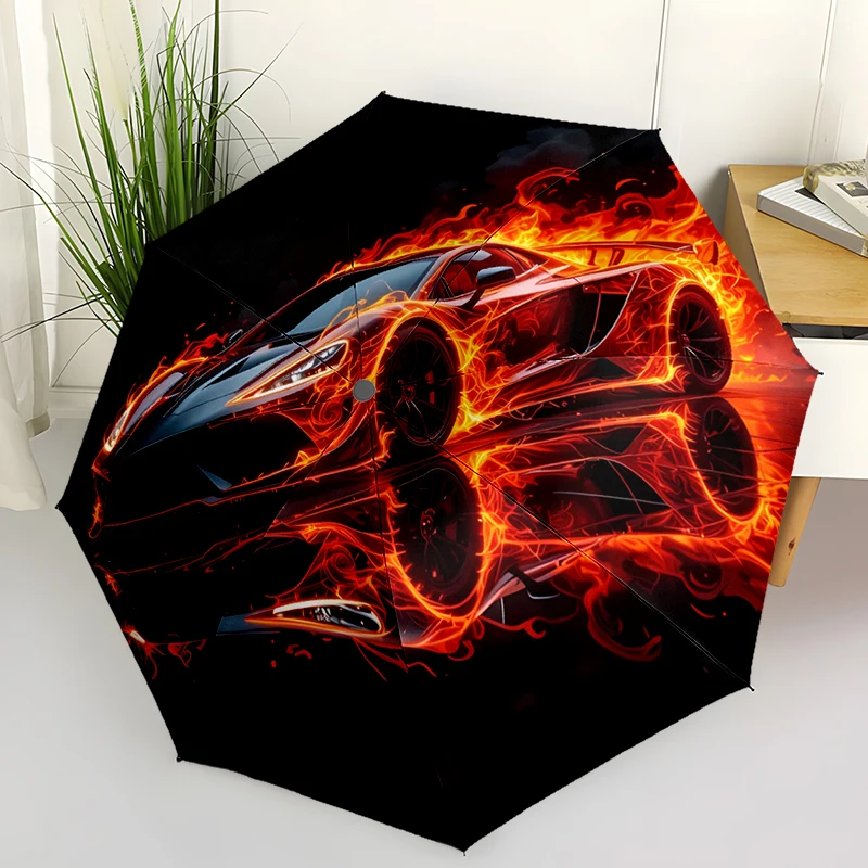 Cool Car Theme Design Folding Umbrella - Fashionable Auto-Open Design 8 Iron Ribs Plastic Handle Foldable Sunshade，Perfect Gifts