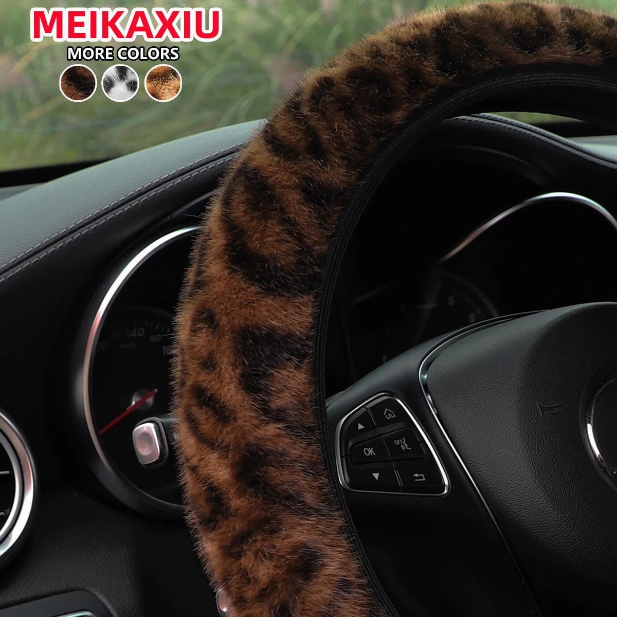 Leopardenmuster Kunstnerzfell Lenkradbezug Winter Warm Wrap Kunstleder 14,5-15 Zoll Auto Randlos – Detail 8