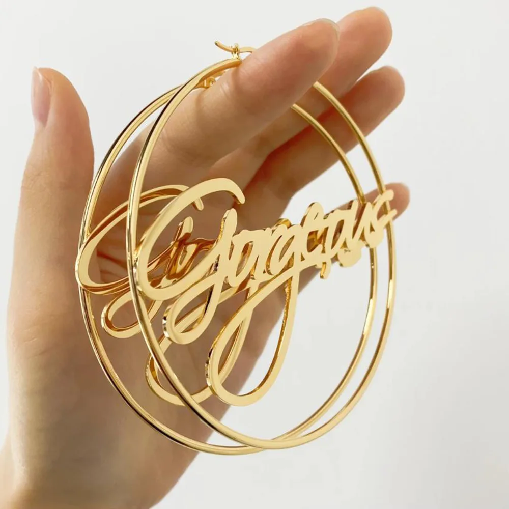 

Nameplate Hoop Earrings,Custom Earrings,Gold Name Earrings, Minimalism Earring,Statement Large Big Hoops Gift for Friends,60mm