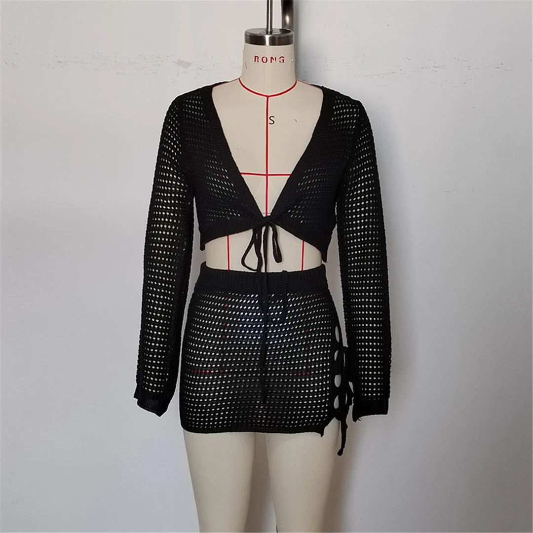 V-Ausschnitt, lange Ärmel, gehäkeltes Strickmuster, zweiteiliger Anzug, Strandkleid, Strandüberwurf, Strandmode, Damen, V6490 – Detail 20
