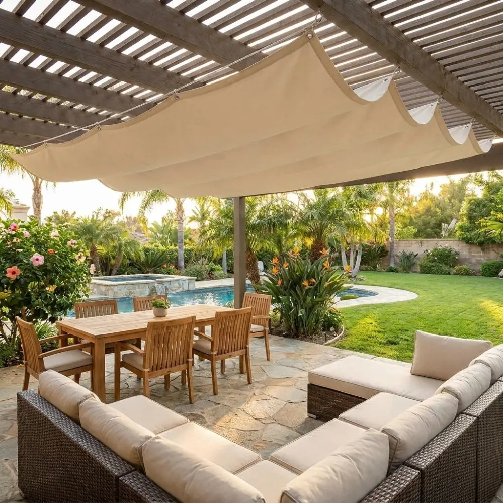 Waterproof Wave Retractable Sun Shade Canopy Heavy Duty UV Protection Garden Sunshade Net Telescopic Rainproof Shade Cover
