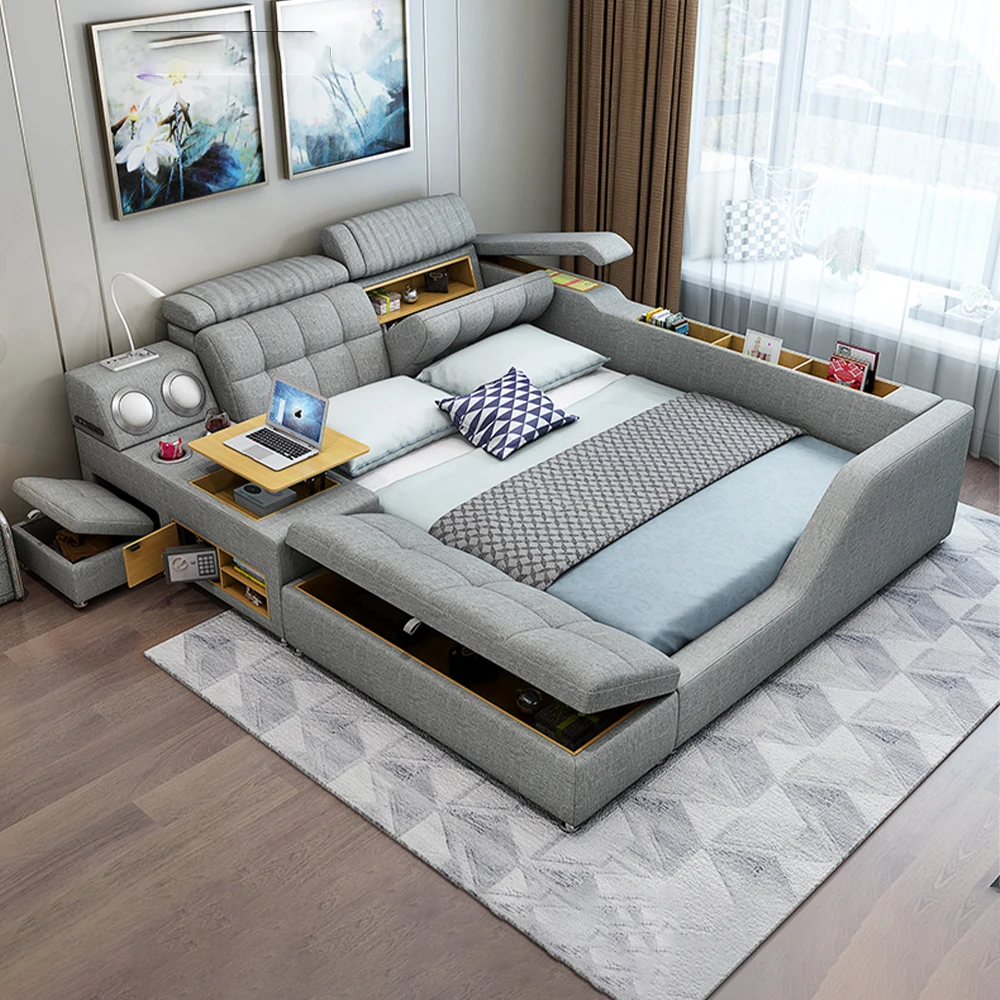 #Modern Multi-Functional Tech Smart Bed with Storage, Speakers, USB, Bookshelves, and Tatami – Luxury King/Queen Ultimate Bed