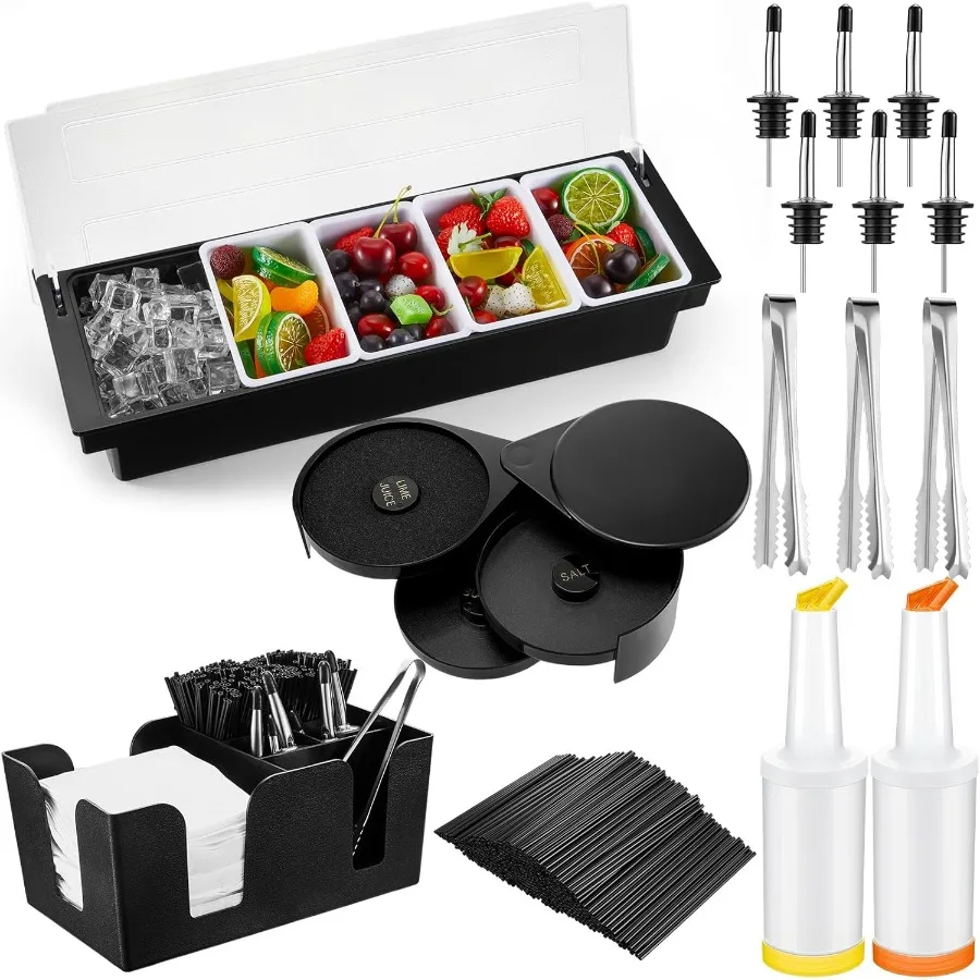 

Garnish Tray with Lid Bar Caddy 3 Tier Glass Rimmer 12 Stainless Steel Bottle Pourers 2 Plastic Juice Pour Bottles 3 Serving Ton