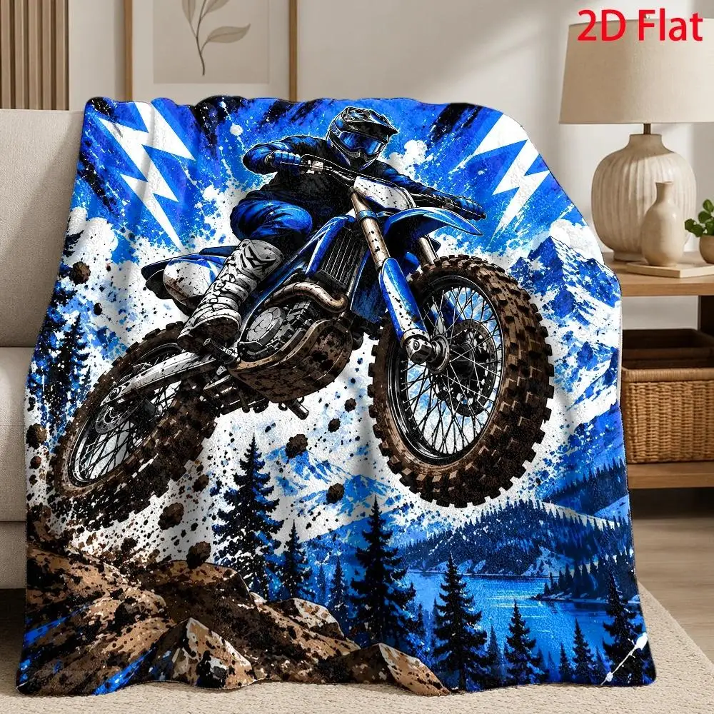 2D Flat Pattern, 280G/Square Meter, Flannel Blanket with Motorcycle Off-Road Rider Pattern, Cute Printed Design, Suitable for Sofa, All-Season Use, Halloween and Christmas Room Decoration, Christmas Gift, Birthday Gift