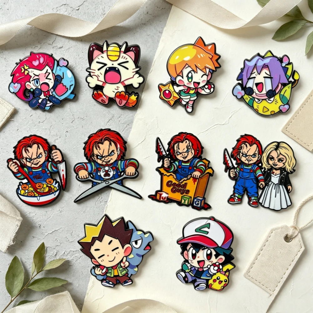 10Pcs Cartoon Q Version Enamel Pins, Horror Character Metal Brooch Badges, Halloween Gift Backpack Clothing Decor Jewelry