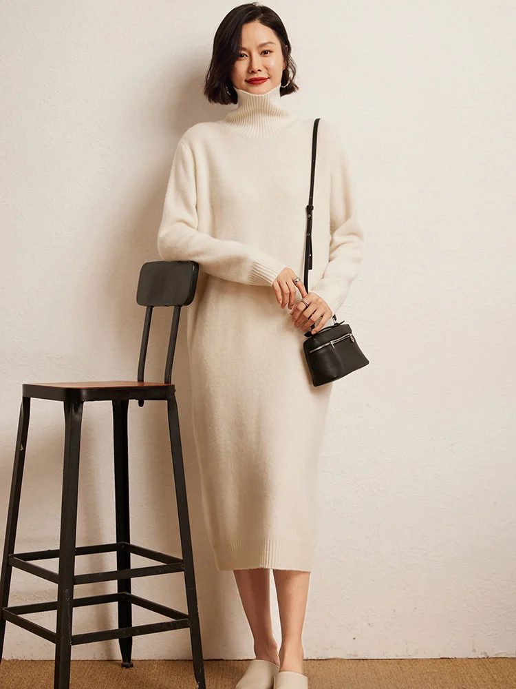 

Новое шикарное женское платье-свитер с высоким воротом, длинное, осенне-зимнее, мягкое, теплое, 100% кашемир, вязаный пуловер, элегантная повседневная женская одежда