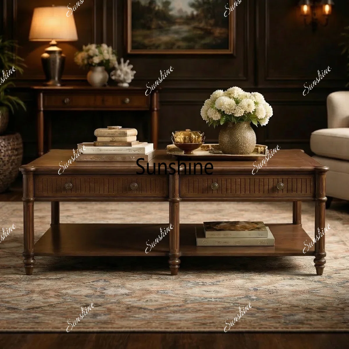 Solid wood with drawers storage coffee table retro rectangular coffee table tea table
