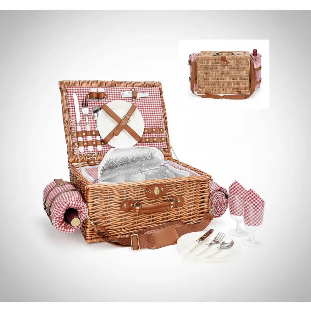 

2-Person Picnic Basket Set with Waterproof Blanket & Cooler Compartment - Handmade Wicker Hamper for Outdoor Camping Party