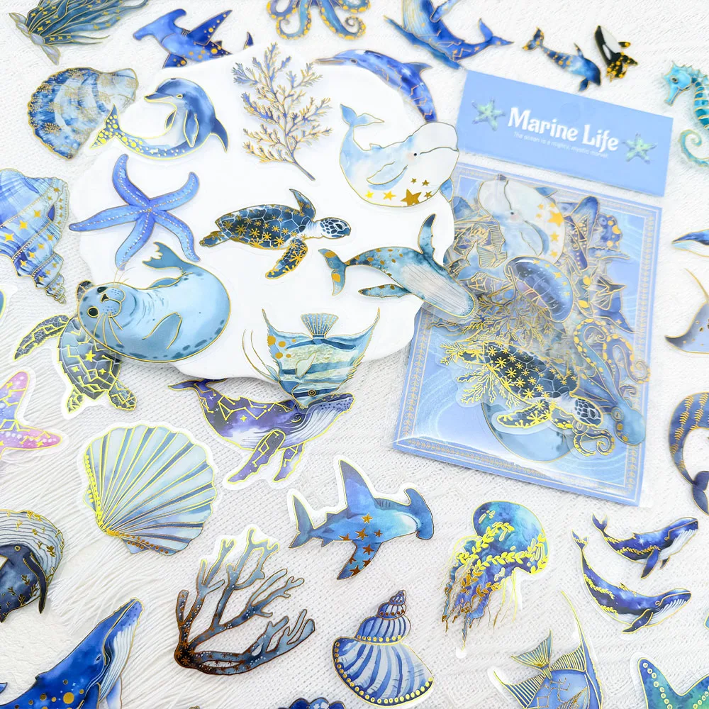 50pcs Marine Organism Fish Shell Gold Stamping PET Stickers Decals For Bottle Scrapbook Suitcase Helmet DIY Aesthetic Stickers