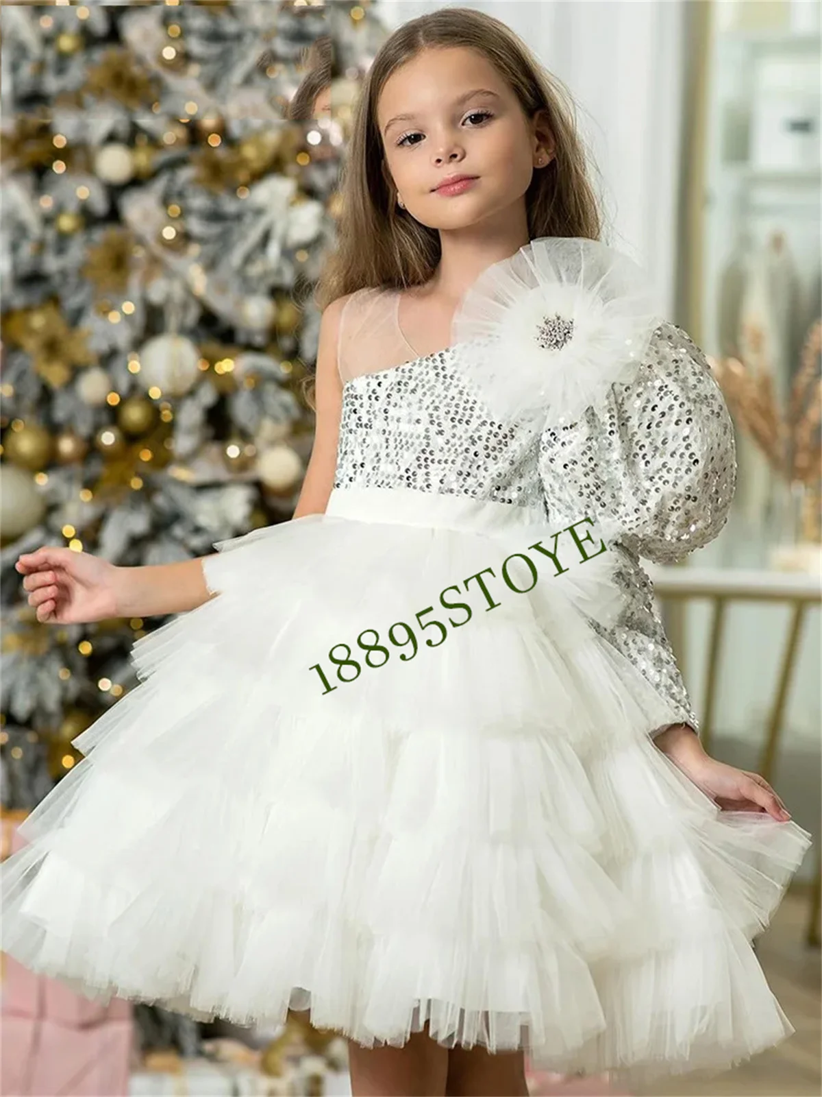 

Sequin One-Shoulder Green Girl Dress Layers Ruffles Puffy Flower Girl Dress Knee Length Princess Dresses Birthday Party Dress