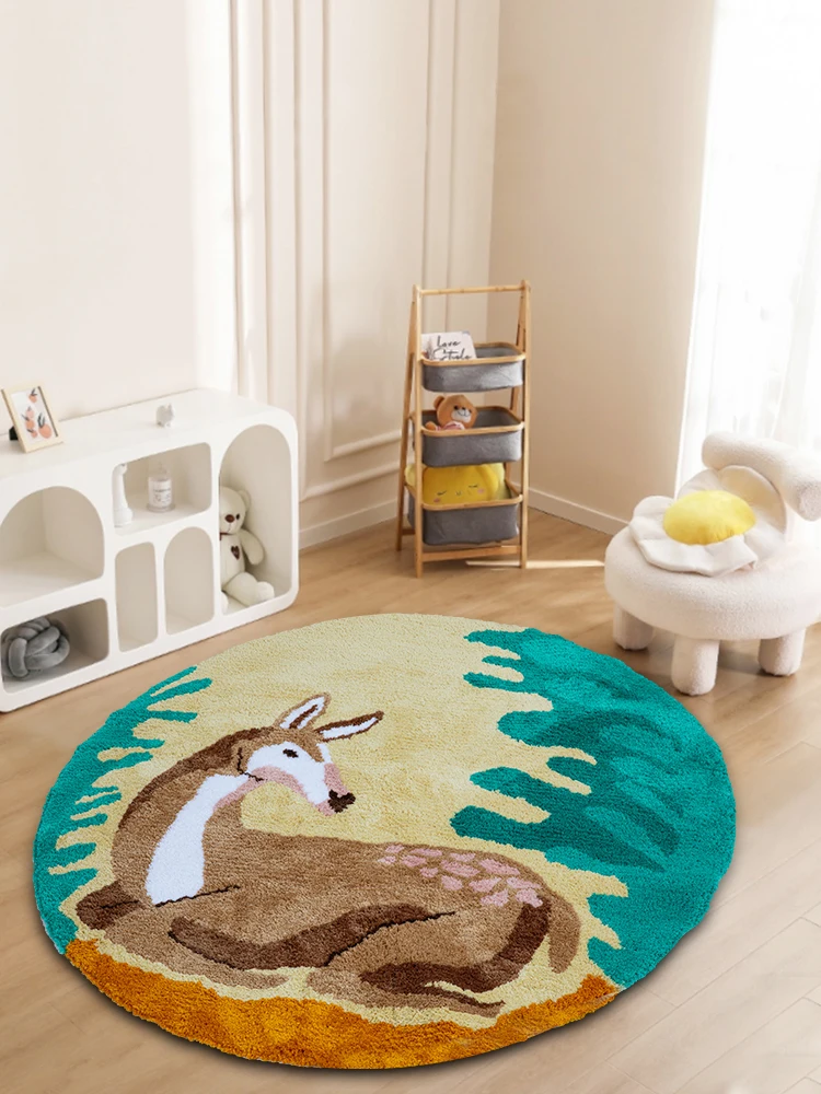 Animal Sika Deer Art Tufted Rug Round Plush Forest  Area Rug for Living Room Kids Bedroom Fluffy Circle Cute Deer Bath Mat