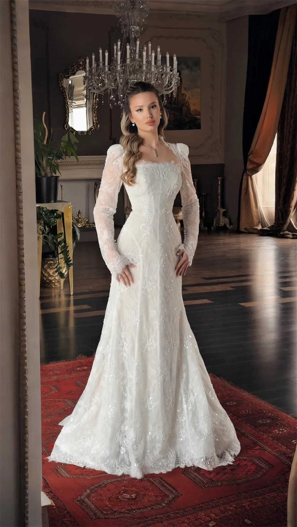 Tokyo Lace Long Sleeve Mermaid Wedding Dress Square Neck Slim Fit Bridal Gown Church Wedding Evening Formal Party Maxi Dresses