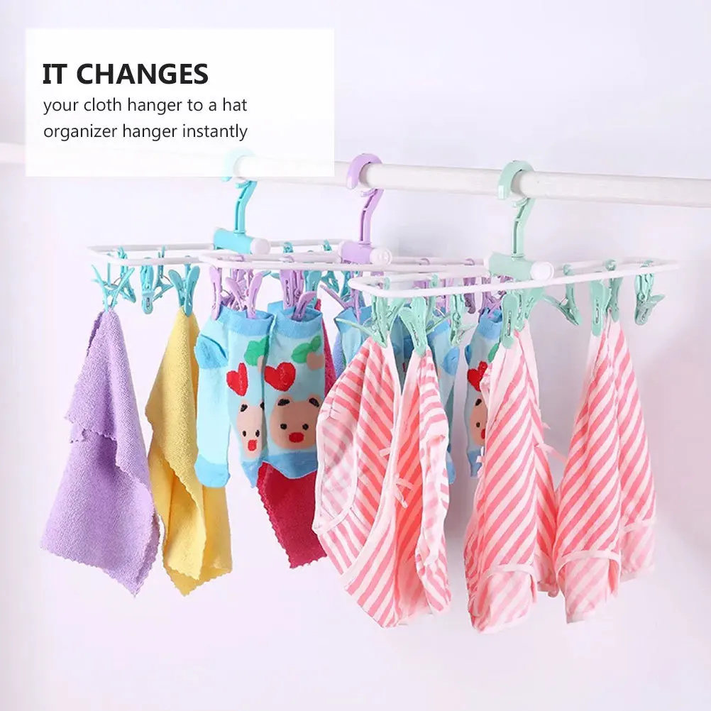 

2pcs Windproof Clothes Hanger Multifunction Plastic Laundry Rack Socks Clips For Cap Sock Underwear Storage Organizer With 12