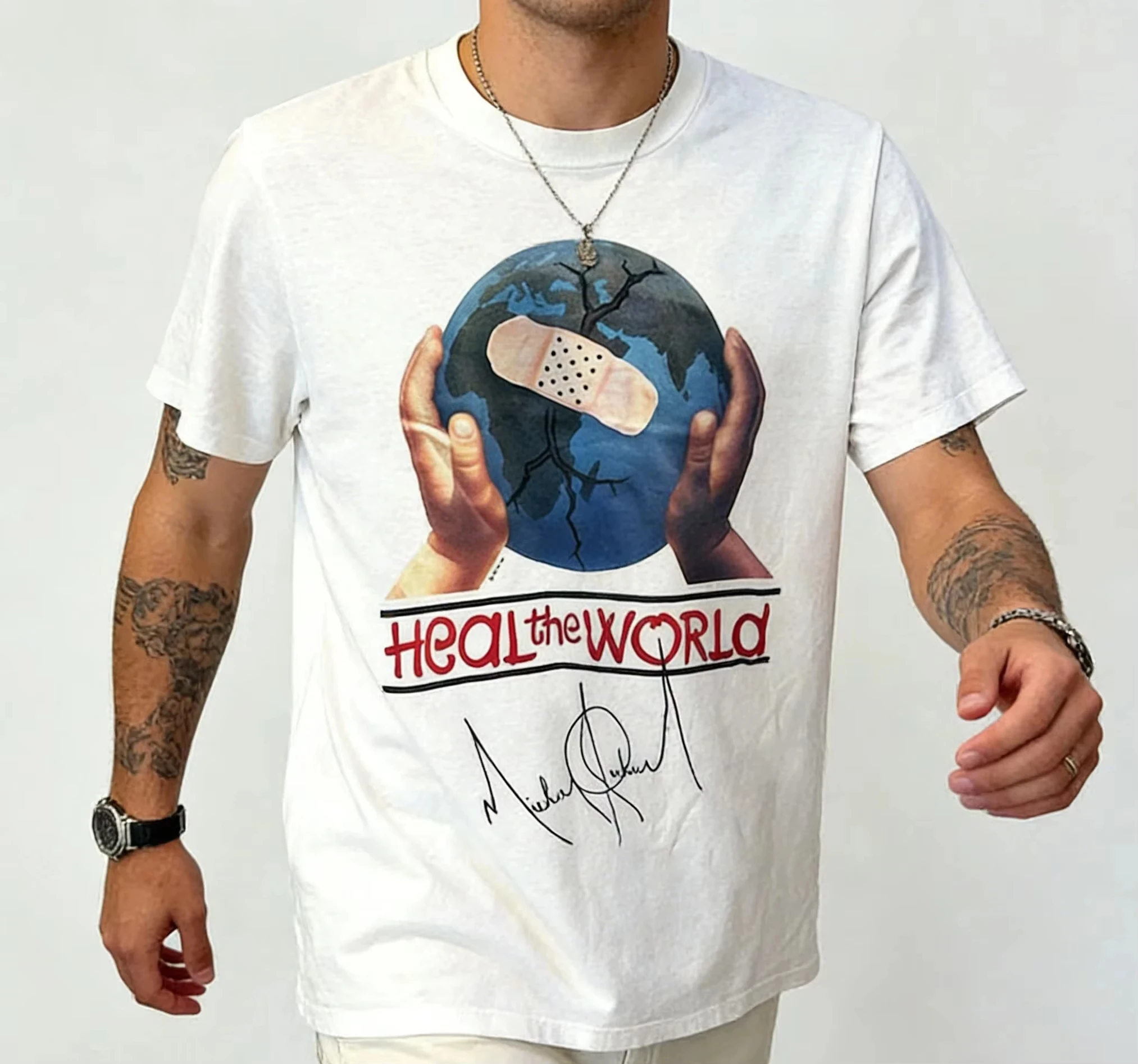 2026 Heal the World Michael Jackson album sleeved Short sleeved Men Women Kid Children Adults Parent Child Cotton TShirt