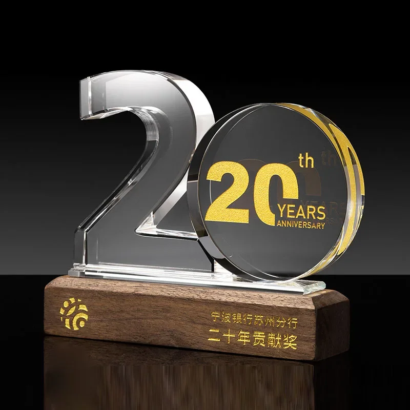 Customized 10,20,30 Years Crystal Trophy Competition Outstanding Employee Group Award Wooden base Medal Souvenirs Decoration 1Pc