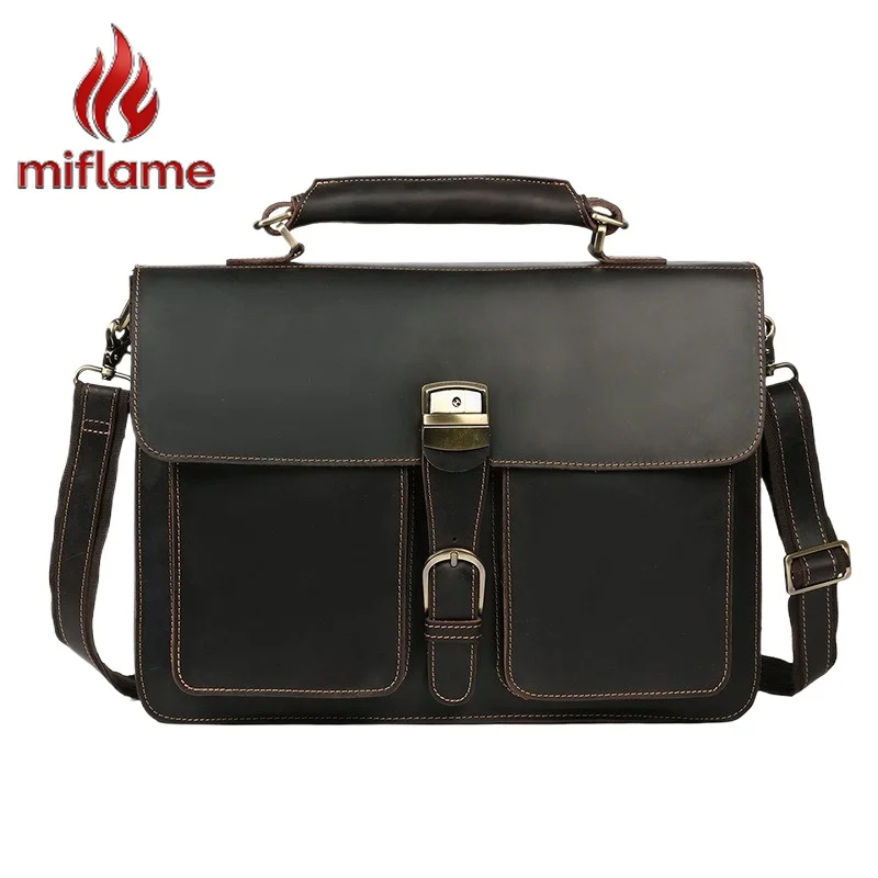 

Мужской портфель из винтажной кожи Crazy Horse, натуральная воловья кожа, сумка через плечо для ноутбука, для бизнеса и офиса