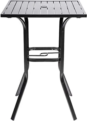 Patio Height Bar Table, Outdoor Bistro Square High Top Dining Table with 1.57'' Umbrella Hole & Steel Slat Table Top