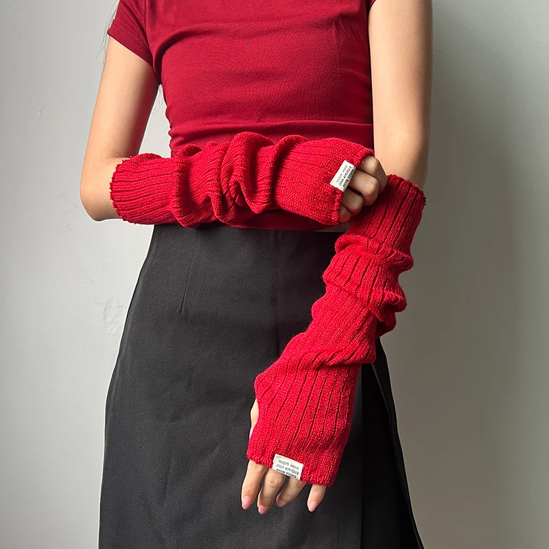 Copribraccio rosso lavorato a maglia Hip-Hop maniche lunghe senza dita Decorazione gomito elastico Guanti con foro per il pollice Adolescenti Cosplay