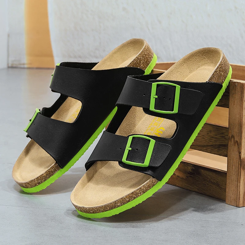 

2025 Summer Cork Sandals Men's Flock Faux Suede Mule Clogs Slippers Brown Classic Buckle Cork Slides Slippers For Men Slippers