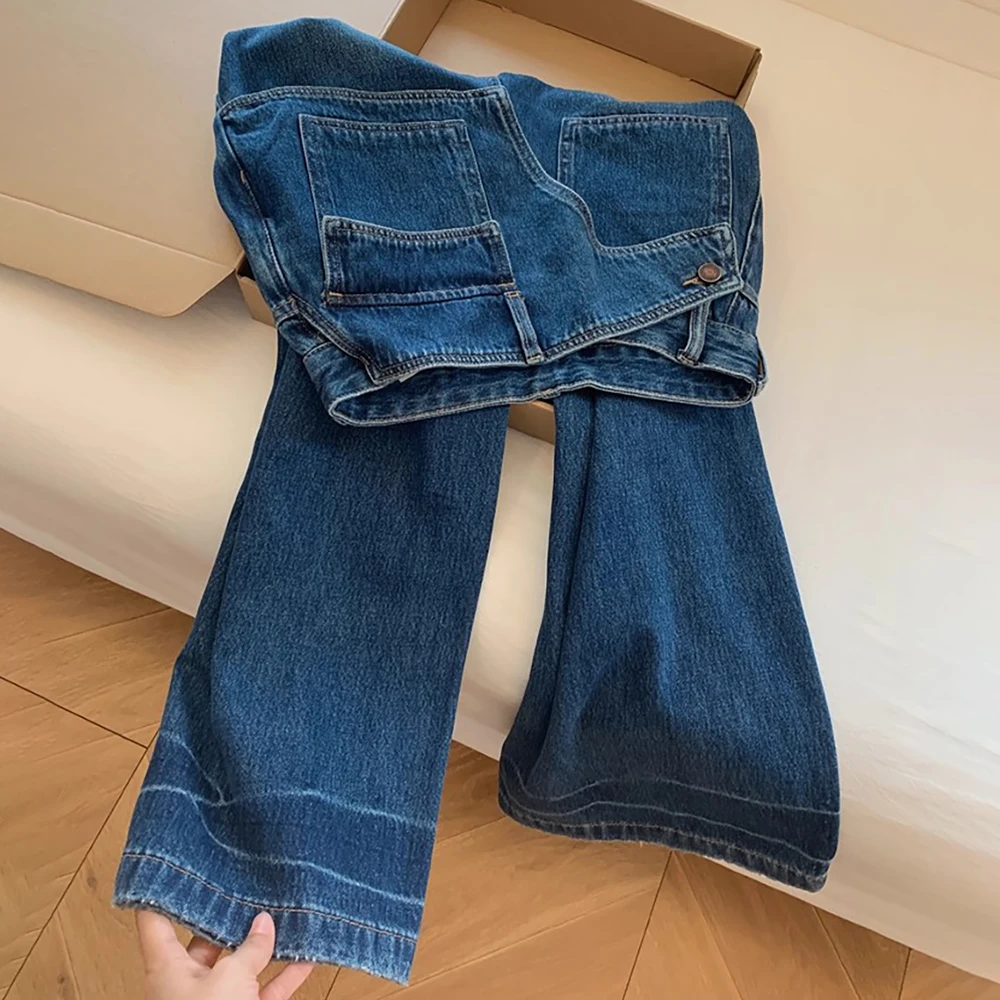 Fake Two Piece Dark Blue Jeans Women American Style High Waist Narrow Straight-Leg Denim Pants Designer Lady Loose Full Trousers