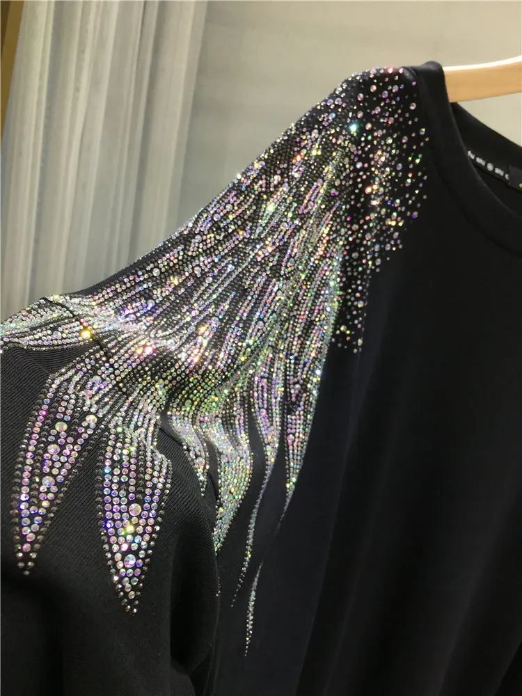 Fashion New Autumn Winter All-match Loose Women Pullover Top Round Neck Luxury Wings Hot Diamonds Mid-long Black Basic T-shirt