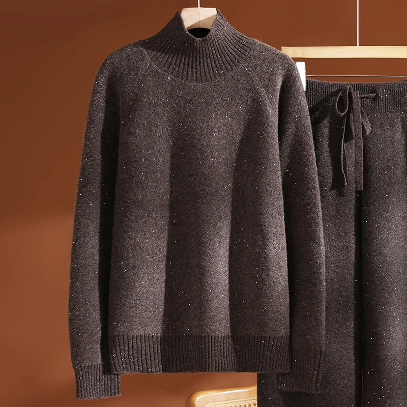 

Women's Sequin Turtleneck Pullover Autumn Winter 100% Merino Wool Knitwear Thick Soft Warm Sweater Solid Color Grace Clothes Top