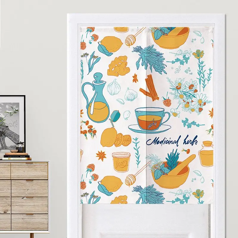VIKAMA Herbal Lemon Tea Hand-drawn Print Noren Split Door Curtain Room Divider Privacy Curtain for Kitchen Cafe Home Decor