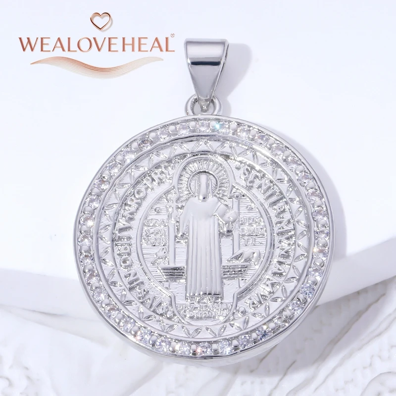 anhänger schmuck,anhänger schmuckherstellung,18K Vergoldete Messing St. Benedikt Anhänger-Halskette, CZ Religiöse Medaille, Katholisches Schutzkreuz, Schmuckgeschenke für Männer und Frauen – Detail 18
