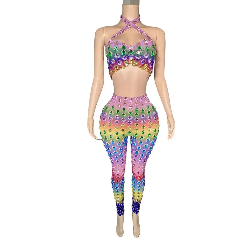 

New Sexy Colorful Crystals See Through Party Performance Costume For Woman