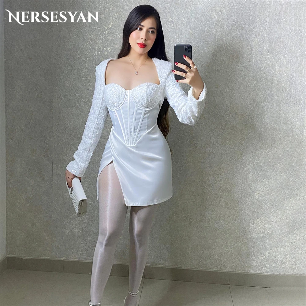 Nersesyan Modern Glitter Lace Wedding Dresses Sweetheart Cap Sleeves Pleats Mini Bridal Gowns Side Slit Sparkly Bride Dress 2024