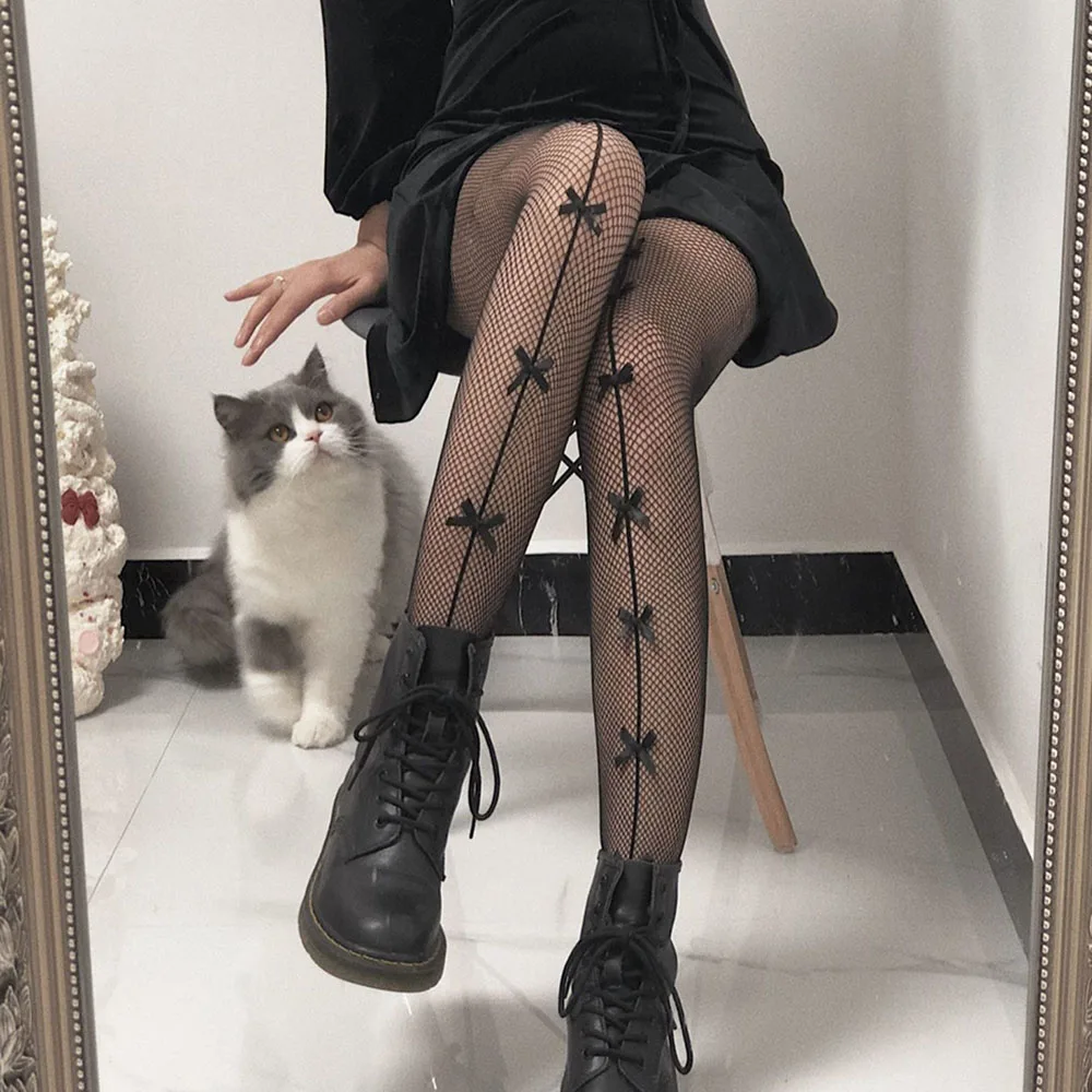 

Black White Bow Girls Tights Hollow Out Transparent Slim Fishnet Pantyhose Party Club Mesh Stockings with Bow Tie Summer Socks