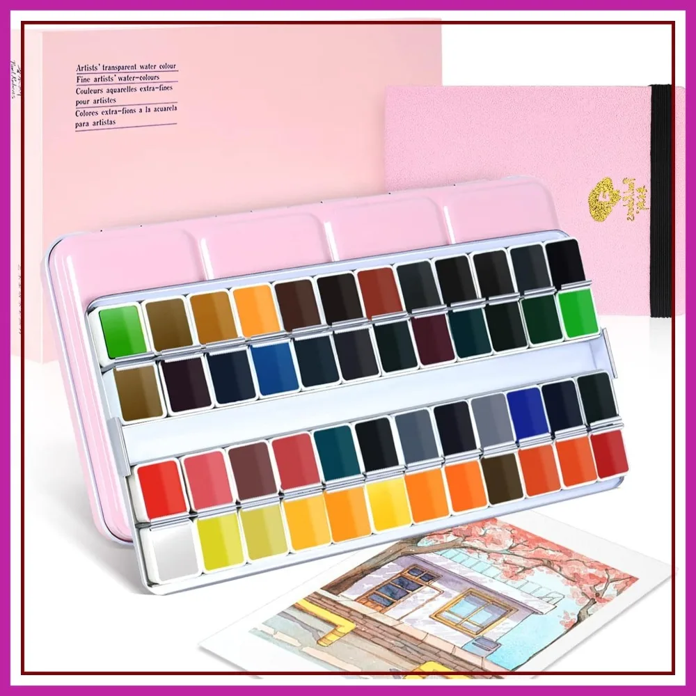 

48 Colors Watercolor Paint Set Solid Cakes with Palette & Hot Press Journal for Artists