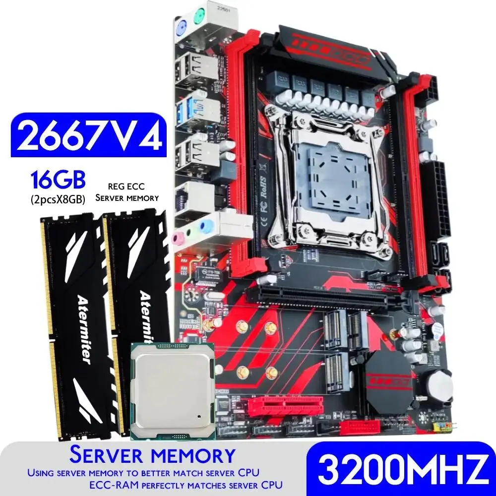 Atermiter X99 D4 Motherboard Kit Set with Xeon E5 2667 V4 CPU LGA 2011-3 Processor DDR4 16GB  2 X 8GB 3200MHz Memory REG ECC RAM