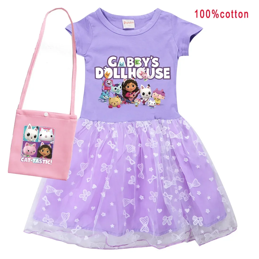 Gabbys Dollhause Vestido de manga curta para bebês, vestidos bonitos de princesa dos desenhos animados com bolsa pequena, vestido de casamento para crianças, roupas Tastic Cats