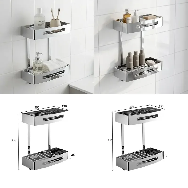 Modern Simple Stainless Steel Double Layer Wall Mounted Square Bathroom Storage Rack for Toilet