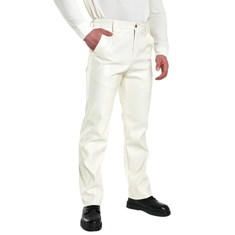 Spring& Autumn Casual Versatile White Mens Leather Pants , High Waisted Straight Tube Windproof Motorcycle Pantalon Cuero Hombre