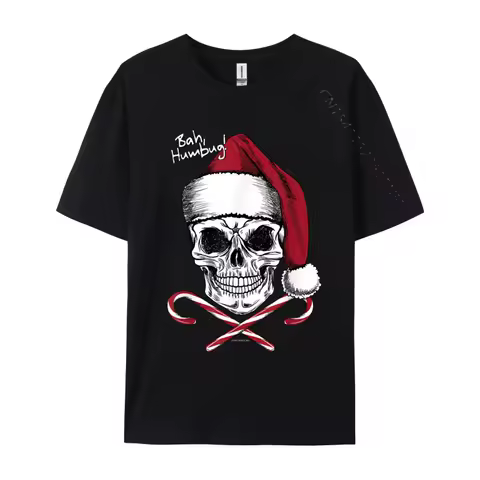 Skull Bah Humbug Christmas Funny Santa T Shirt Vintage Funny Men Round Neck T Shirt Breathable 100% Cotton Tees