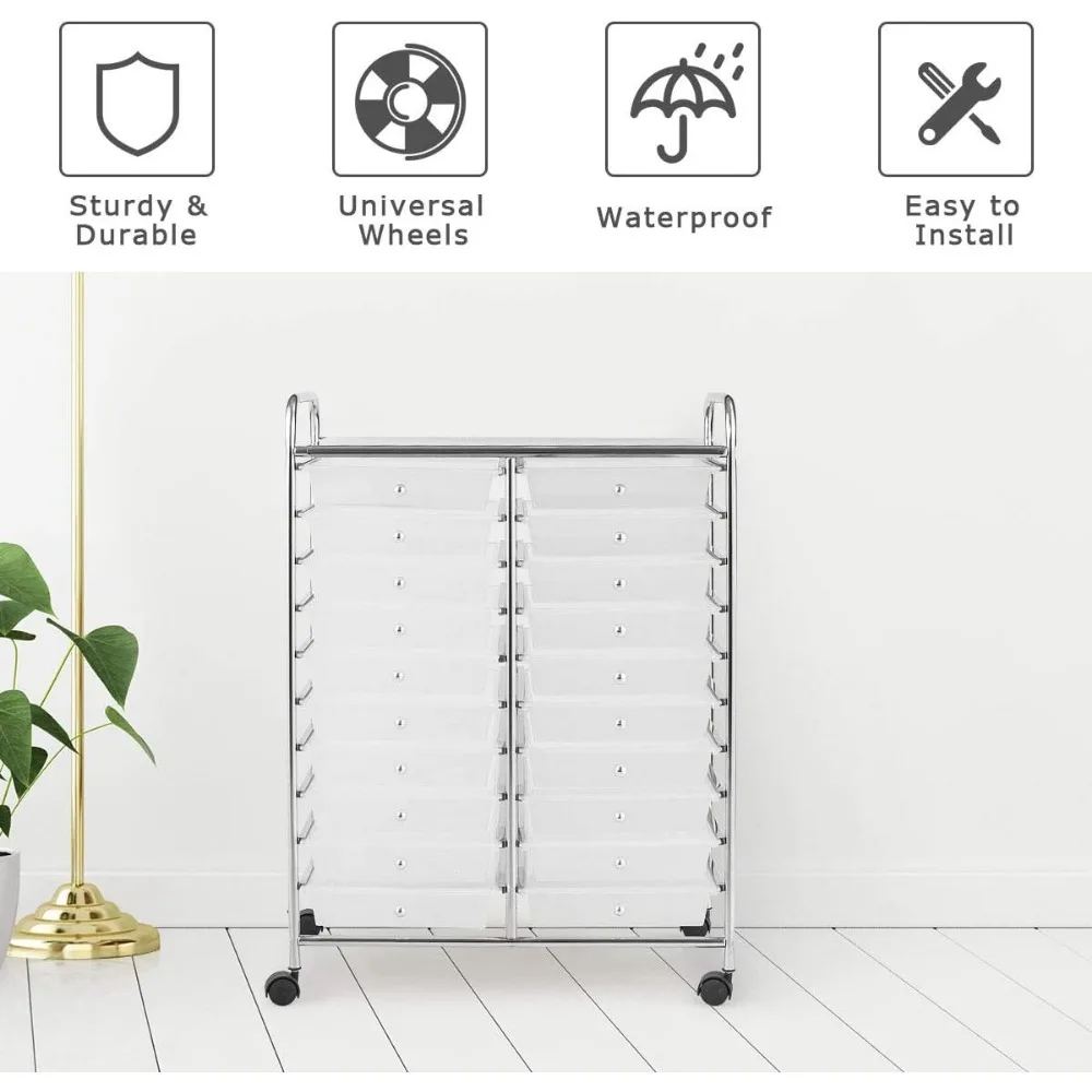 عربة تخزين متعددة الأغراض شبه شفافة ذات 20 درجًا مع عجلات لتنظيم المكاتب المنزلية والمرافق