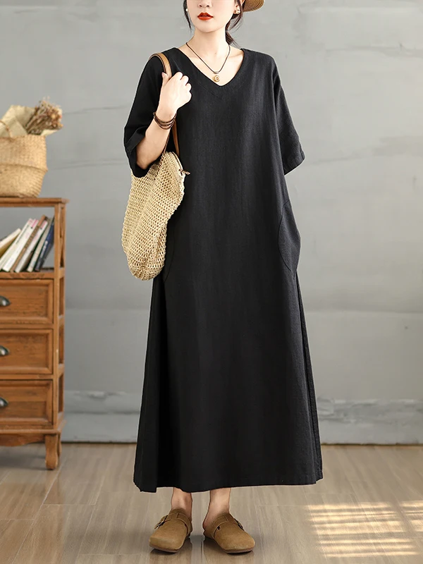 

Plus Size Summer Long Cotton Linen Loose ort Sve V-Ne Dr n Loose Fit Ankle-Length Skirt Casual Comfortable Gown
