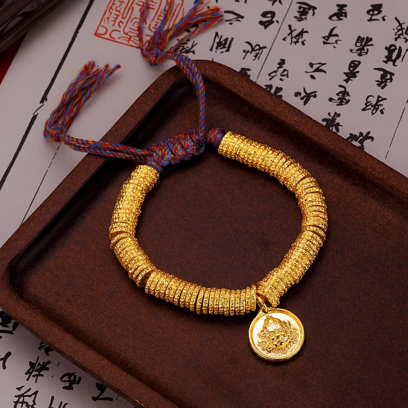 24K real gold Ancient French tide hand-woven hammer pattern bracelet au9999 Gold God of Wealth coiled bracelet