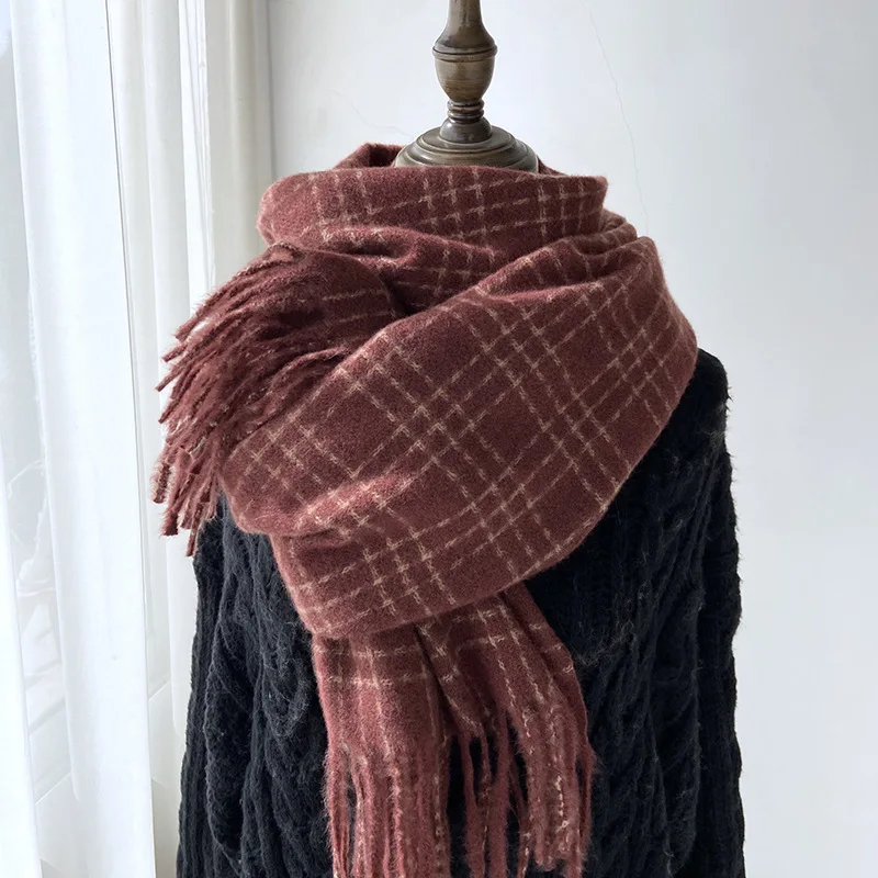 Women Winter Plaid Scarf Tassel Warm Soft Shawl Versatile Casual Couple Neck Wrap for Daily Outing
