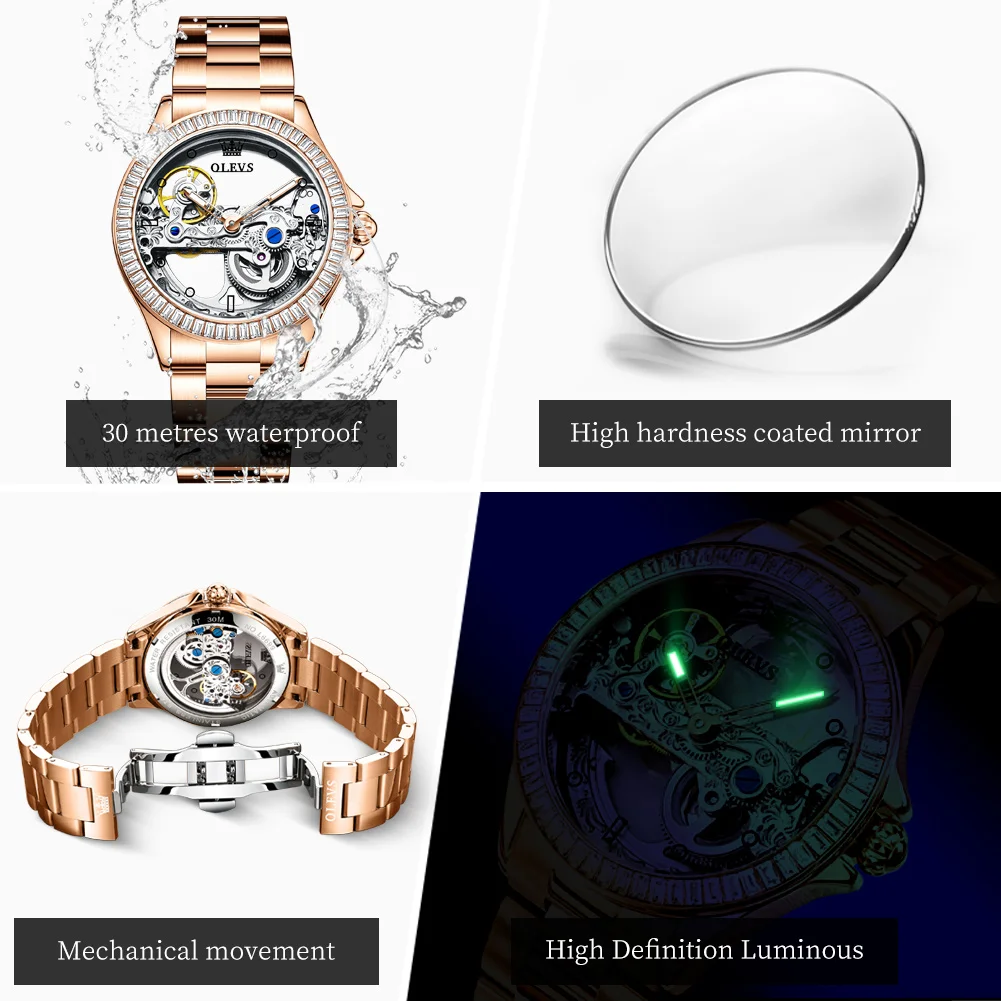 OLEVS Brand New Women Automatic Mechanical Watch Luxury Brand Elegant Ladies Clock Rose Gold Stainless Steel Skeleton WristWatch