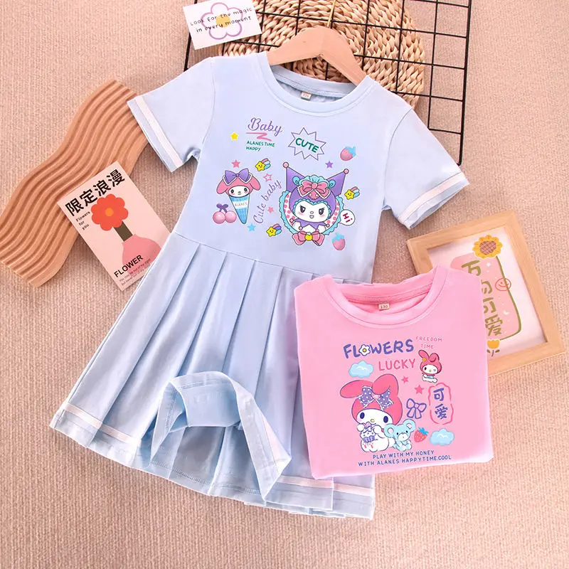 

Girly Heart Kuromi Anime Kawaii Sanrio Short Sleeve Dress Summer Cute My Melody Cotton Princess Skirt Clothing Gifts for Kids