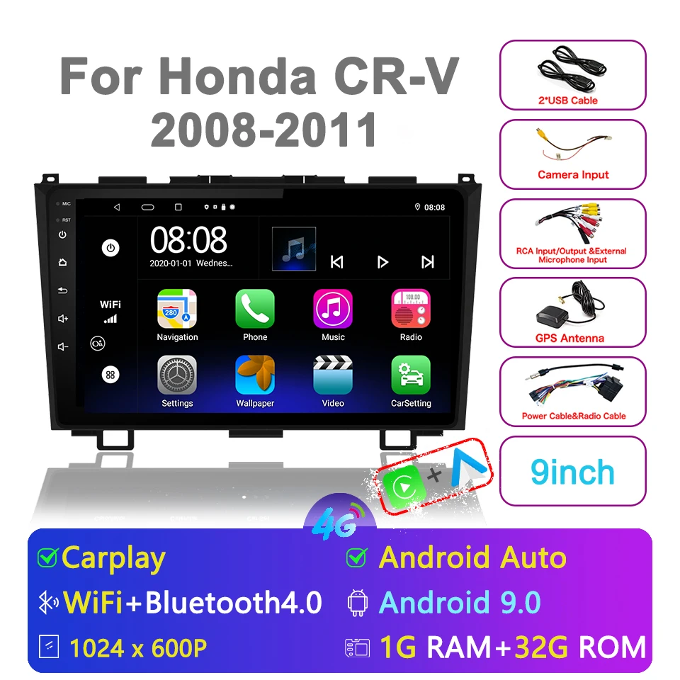 Carplay Android Radio Capacitive Touch Screen for Honda CR-V 2008-2009-2010-2011GPS Navigation Bluetooth USB Player