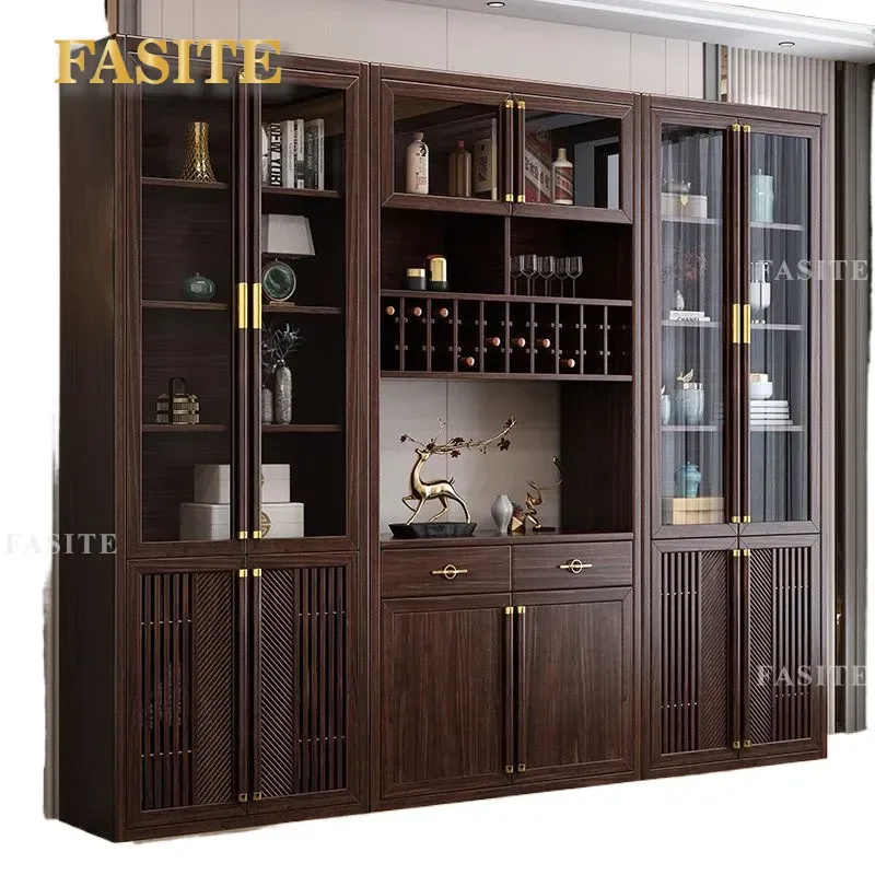 For New Chinese Style Ebony Solid Wood Bookcase Floor to Ceiling Glass Door Dust Proof Wine Cabinet Storage Large Capacity