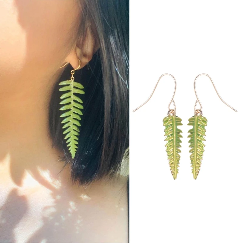 X6HE Eye Catching Earrings Bohemian Green Fern Leaf Earrings Delicate Long Fringe