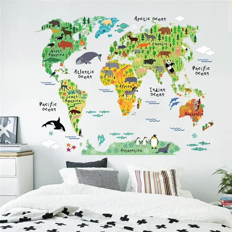 Cartoon Animal Plants World Map Wall Sticker For Kids Room Bedroom Home Decors Diy Safari Mural Art Nursery Pvc Wall Decal