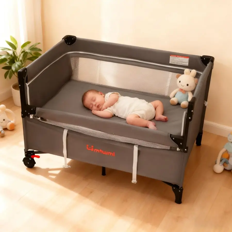 سرير أطفال محمول، 3 في 1 بجانب السرير وطاولة تغيير لعب الأطفال مع عجلة، إعداد ثاني واحد قابل للطي مع Tra